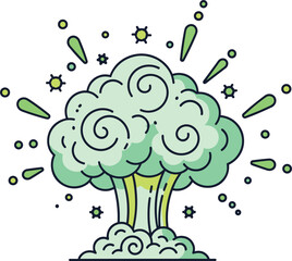 Cartoon green explosion cloud burst with splash particles comic boom effect element for games animation vector illustration © MatRukshana