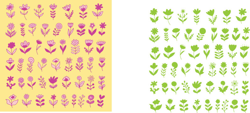 Vibrant floral patterns featuring purple and green botanical designs on yellow backgrounds