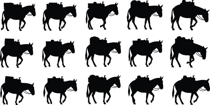 Pack mule silhouette set, working donkey carrying cargo load collection, farm transport animal illustration isolated on white background