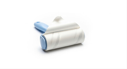 Lint roller with blue handle isolated on white background, showcasing sticky paper layers for removing dust and hair, minimalistic design
