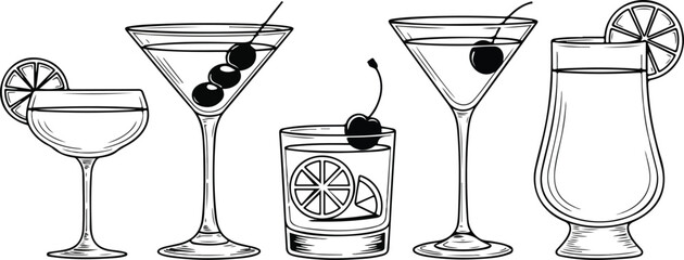 Vintage hand drawn cocktail glasses engraving illustration featuring daiquiri martini manhattan sidecar and old fashioned drinks vector set