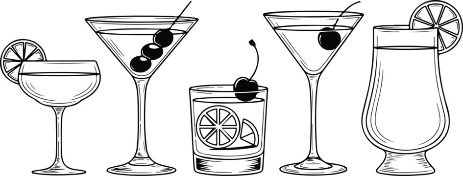Vintage hand drawn cocktail glasses engraving illustration featuring daiquiri martini manhattan sidecar and old fashioned drinks vector set