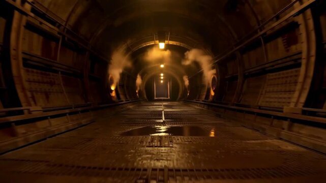 Cinematic dark industrial corridor with glowing lights and steam. Underground metallic tunnel passage, futuristic or sci-fi atmosphere background.