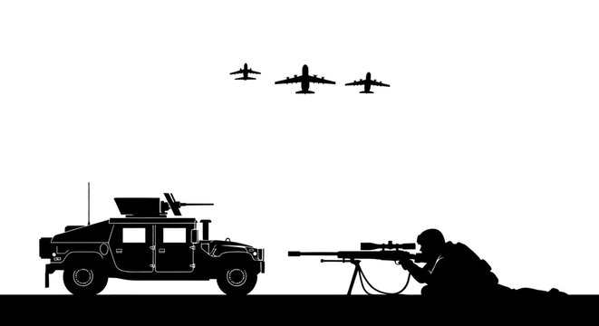 Sniper Soldier, Military Humvee, and Fighter Jets Silhouette on White Background