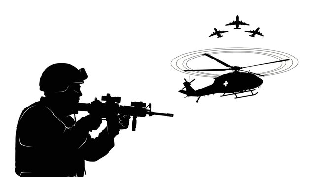 Soldier aiming rifle at helicopter and jets, military action, combat, air force, war