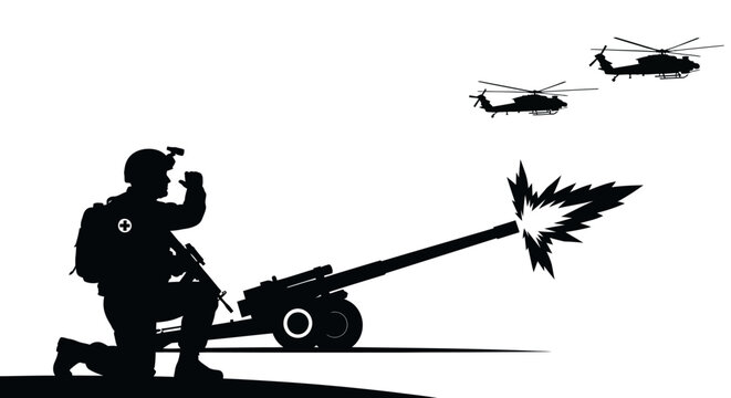 Soldier firing artillery with helicopters flying overhead, military action silhouette