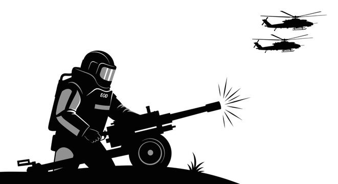 Soldier in hazmat suit fires anti-aircraft gun at helicopters, warfare concept