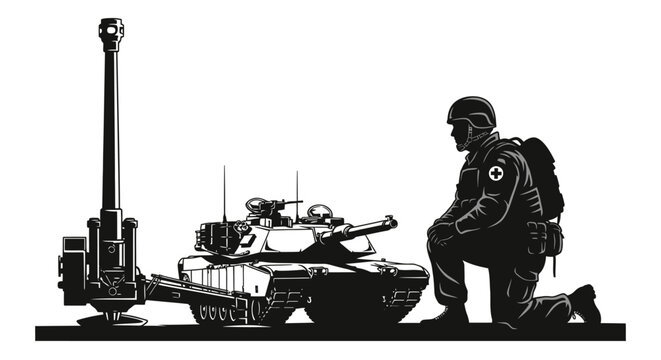 Soldier Kneeling Beside Tank and Artillery Gun, Military Equipment, Warfare Concept