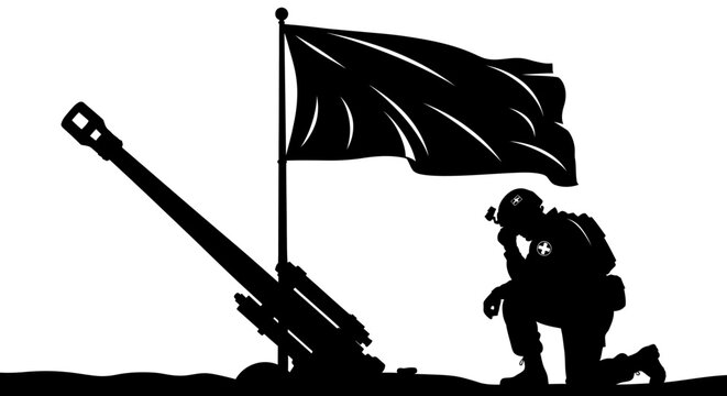 Soldier Kneeling Beside Artillery Gun Under Flag Silhouette
