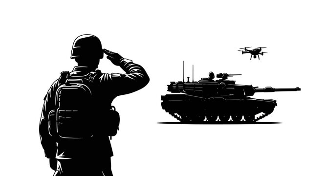 Soldier saluting near tank and drone, symbolizing modern warfare and military technology.