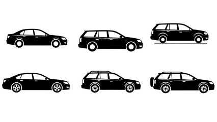 Fototapeta premium Six different car silhouettes displayed on a transparent background for design