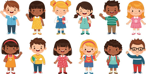 Fototapeta premium Cute diverse kids characters collection with happy children waving, multicultural cartoon boys and girls vector illustration set for education and school design
