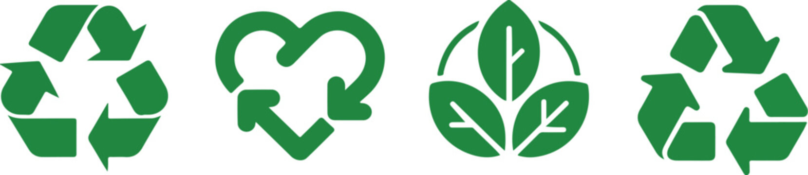 Recycle vector icon set with arrows heart and leaf eco symbols rounded angles environmental recycling signs isolated