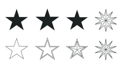 Fototapeta premium Variety of star shapes in solid black and thin outline styles featuring different point counts and geometric designs.