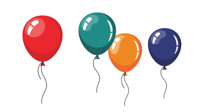 Group of four colorful balloons in red teal orange and dark blue floating against a plain white background for party.