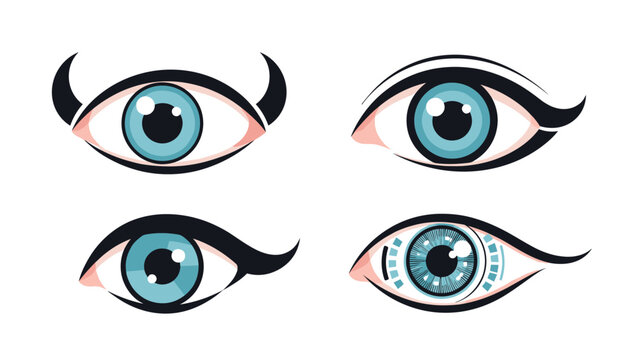 Diverse collection of stylized human eyes in blue with unique designs including devil horns and futuristic technology.