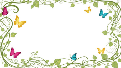 Obraz premium Decorative floral frame composed of winding green vines and colorful butterflies surrounding a blank white space for text.