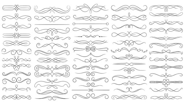 Large set of elegant black decorative flourishes and calligraphic dividers for formal document and invitation design.