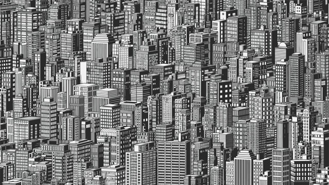 High density urban landscape featuring a monochrome illustration of numerous skyscrapers packed together in a bustling city.