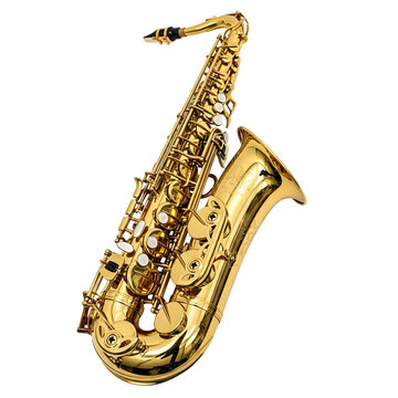 Shiny gold saxophone with intricate details and polished brass finish isolated on white background