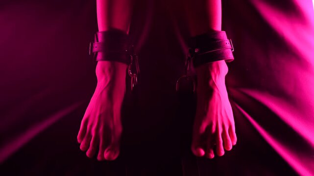 Women's legs in leather shackles. BDSM fetish.