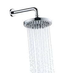 A sleek modern showerhead releasing a powerful stream of water downward. isolated on white background