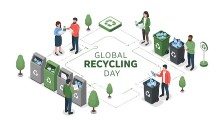 Illustration of people engaging in sustainable recycling practices on Global Recycling Day with recycling bins and eco-friendly activities.