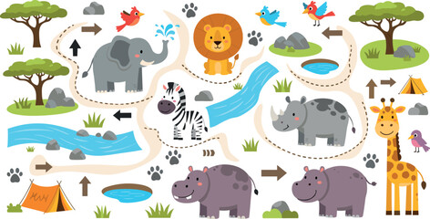 African safari animals map vector illustration with lion, elephant, giraffe, zebra, hippo, rhino and nature landscape elements © Lunavera art
