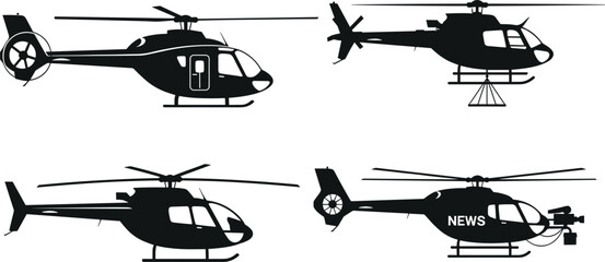 Set of professional helicopter silhouettes featuring news media chopper with camera equipment private transport aircraft and emergency rescue helicopters for aviation and broadcast industry © MstMaher