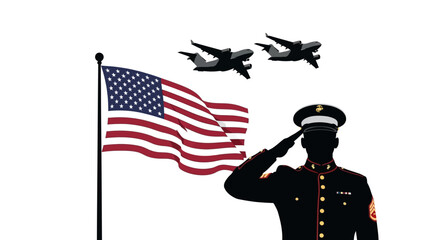 Obraz premium US Marine Salutes American Flag with Fighter Jets Flying Overhead