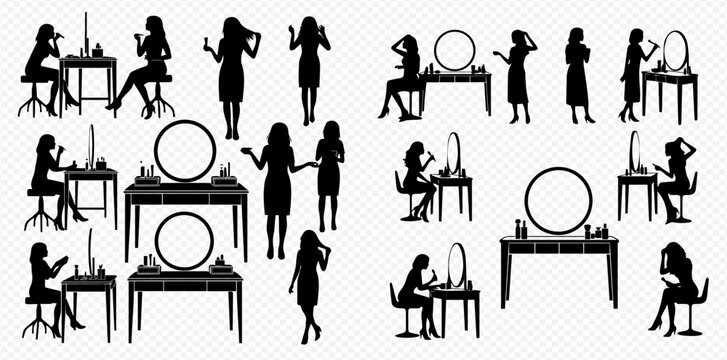 Set of black silhouettes of women doing makeup and styling hair at a dressing table with a mirror, in various poses, isolated on a white background.
