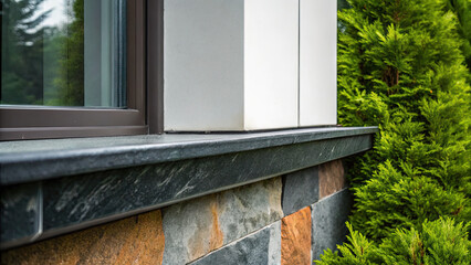 Luxurious two story house with landscaped yard concept. Detail of a modern building with elegant stone and sleek design.