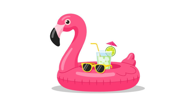 Vector pink flamingo pool float with sunglasses and cocktail