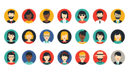 Fototapeta premium Diverse collection of human avatar icons in colorful circles representing men and women from different backgrounds.