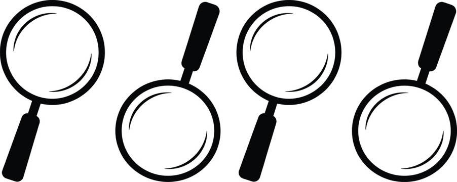 Set of four magnifying glass icons illustration, minimal search tool design element for education, pattern recognition, exploration, vector art, technology, and advertising use