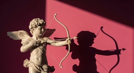 Naklejka premium Sculpture of winged cherub with bow & arrow, pink background, dramatic shadow