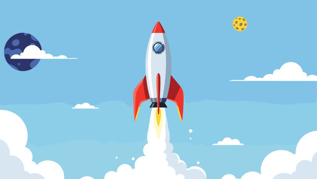Rocket ship launching into space with clouds of smoke and a blue sky background featuring planets and a moon for science and exploration themes.