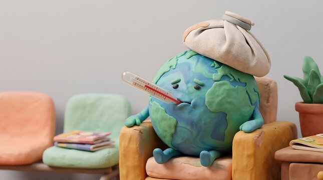 Sick Planet Earth in Clay Style with Thermometer &mdash; Environmental Crisis and Climate Awareness Illustration