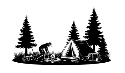 Outdoor camping silhouette camper pitching tent with campfire in forest vector isolated on white © abdul