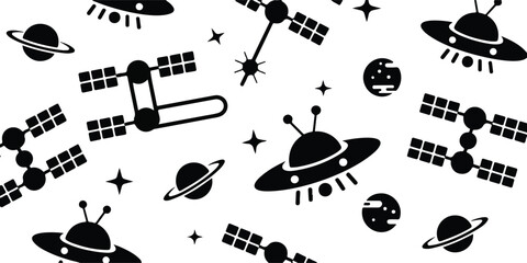 Black and white space pattern with UFO planets satellites and stars minimalist seamless vector illustration © Mousumi