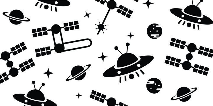Black and white space pattern with UFO planets satellites and stars minimalist seamless vector illustration