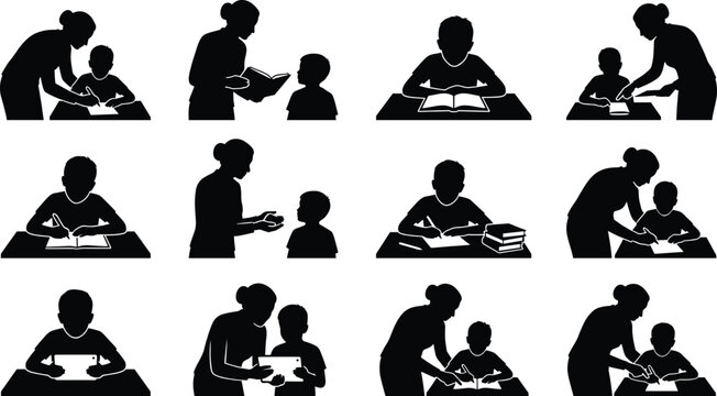 Silhouette illustrations of teacher guiding child in educational activities including reading, writing, and learning, symbolizing mentorship, knowledge sharing, support, 