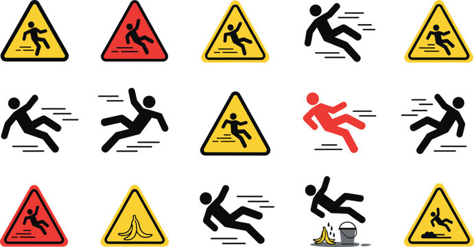 Slip hazard warning signs and falling person icons collection, caution wet floor safety symbols vector illustration set