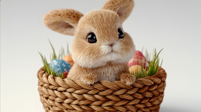 Close up of a fluffy brown lop eared rabbit resting in a wicker basket