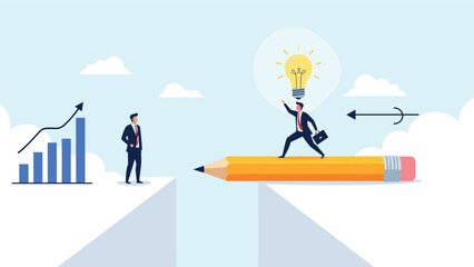 Obraz premium Creative business concept showing a professional using a giant pencil as a bridge to cross a gap and reach a new idea bulb.