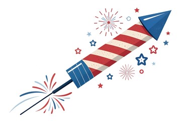 Obraz premium Patriotic firework rocket launching upwards with stylized red white and blue stripes and accompanying star bursts celebrating an American holiday occasion