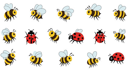 Pattern featuring many cute cartoon honey bees and red ladybugs scattered across a white background for a playful design.