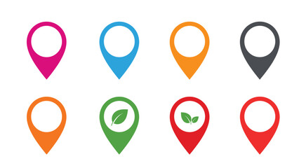 Set of colorful map location pins in various styles including some with leaf icons for eco-friendly or nature destinations.