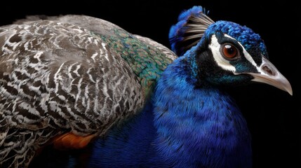 Majestic blue peacock portrait isolated on black background.