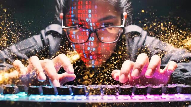 A man with a futuristic digital face expression typing on a keyboard with colorful backlight